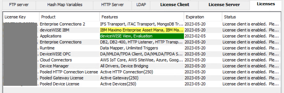 An example view of pooled licenses used by a license server node