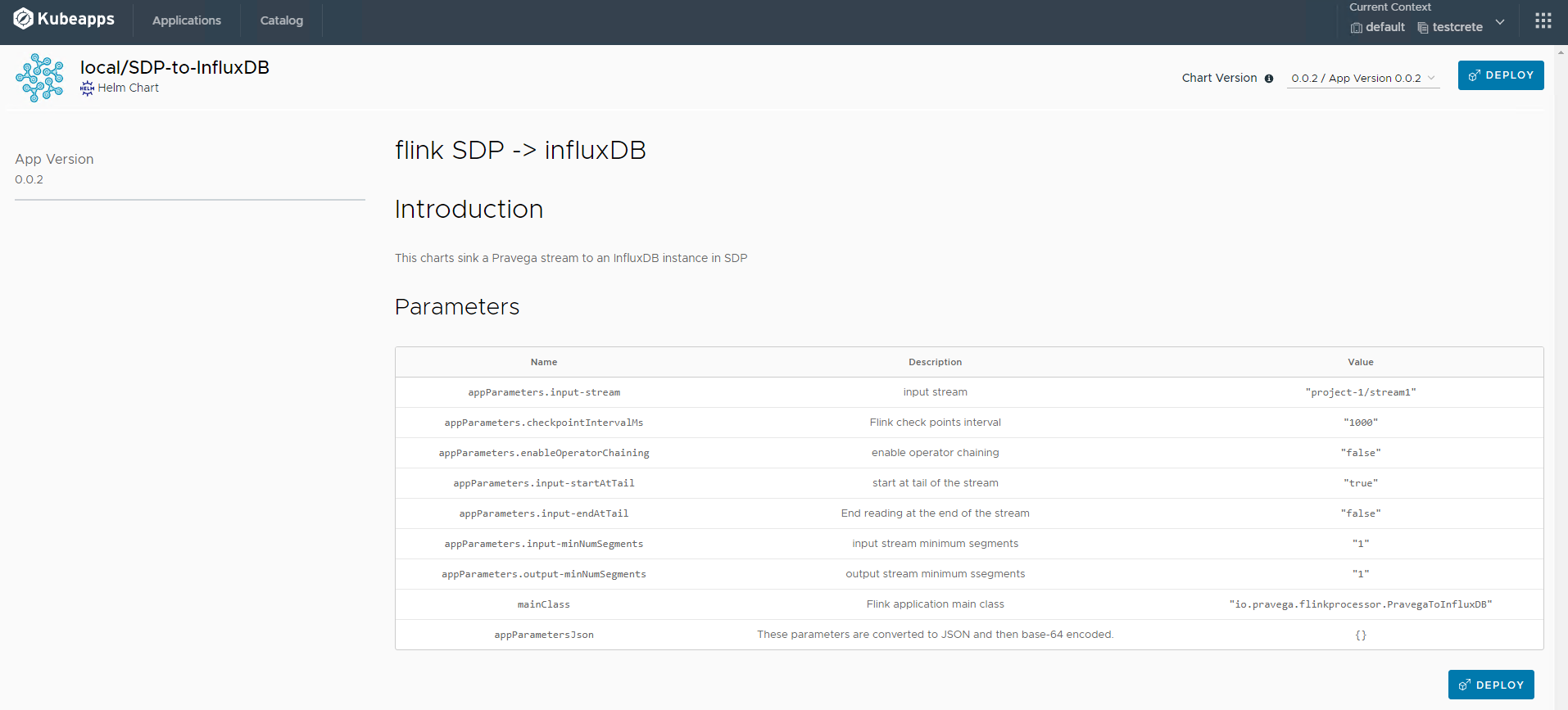 Select InfluxDB sink app deployment from Kubeapps catalog