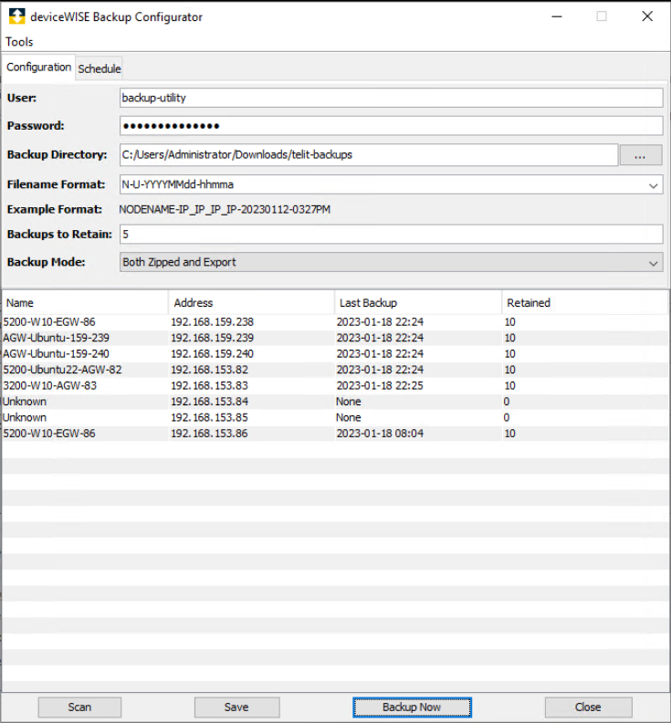 Sample view of the deviceWISE Backup Configurator