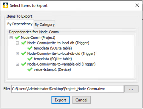 Sample list of items and dependencies when exporting a component