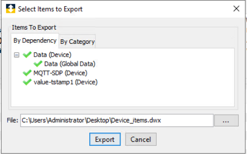 Sample list of items and dependencies when exporting a component