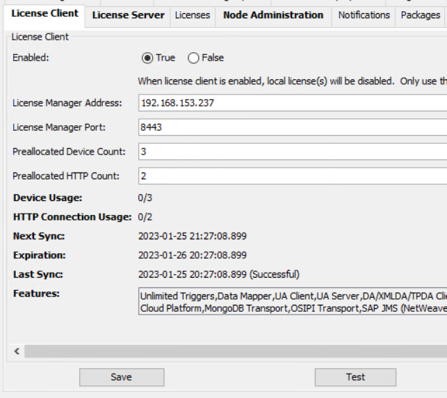 Sample License Client tab after successful connection to the license server