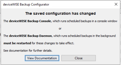 Sample warning indicating that the Backup Daemon needs to be restarted