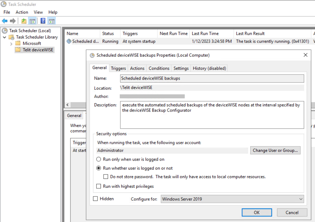Sample view of the task created in the Windows Task Manager to launch the Backup Daemon at system startup