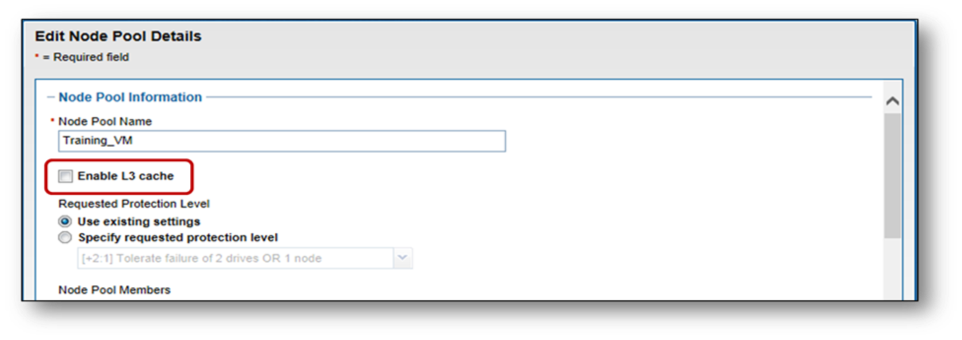 WebUI screenshot showing L3 cache enablement configuration.