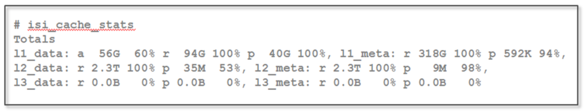 Example output from the 'isi_cache_stats' CLI command.