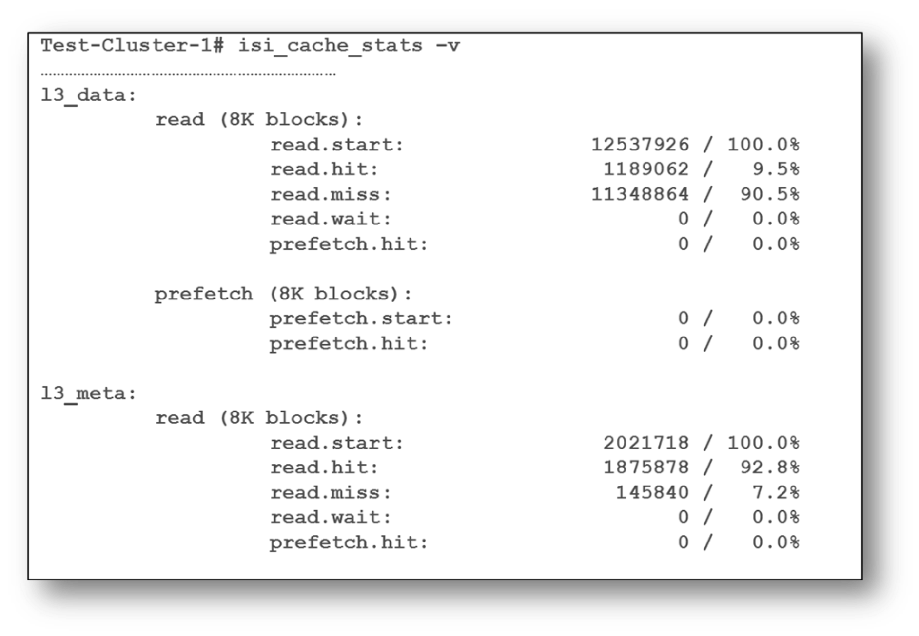 Example output from the 'isi_cache_stats' CLI command with the verbose option invoked.