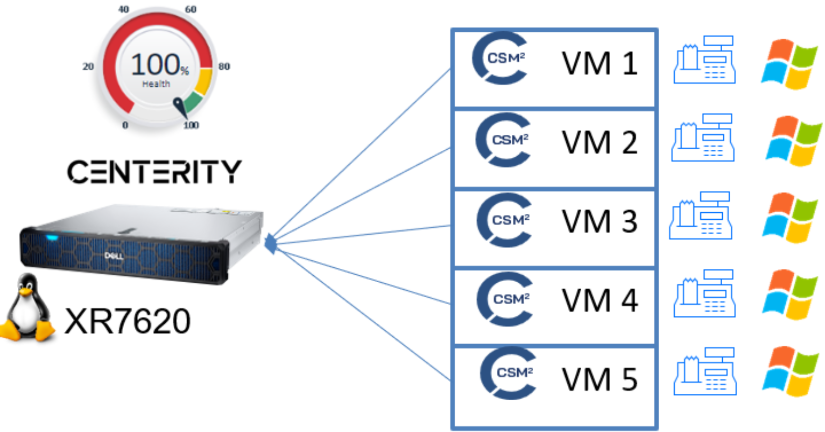 Centerity Software was installed on Dell PowerEdge XR7620 and connected with a Dell PowerEdge HS server that hosts five Windows OS based Virtual Machines.