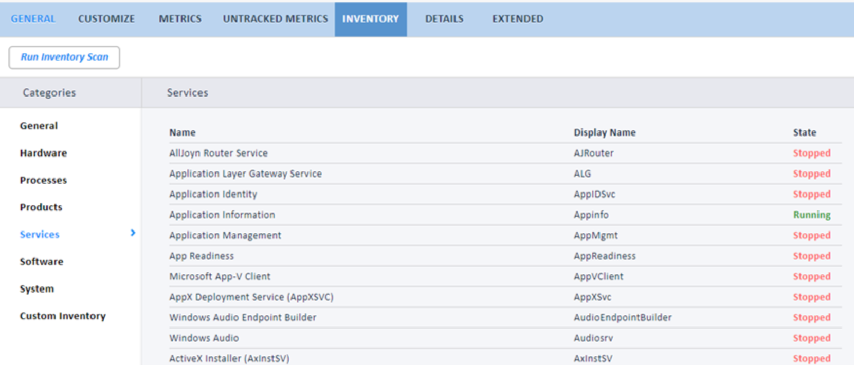 Centerity Software Dashboard showing Host Inventory Services.