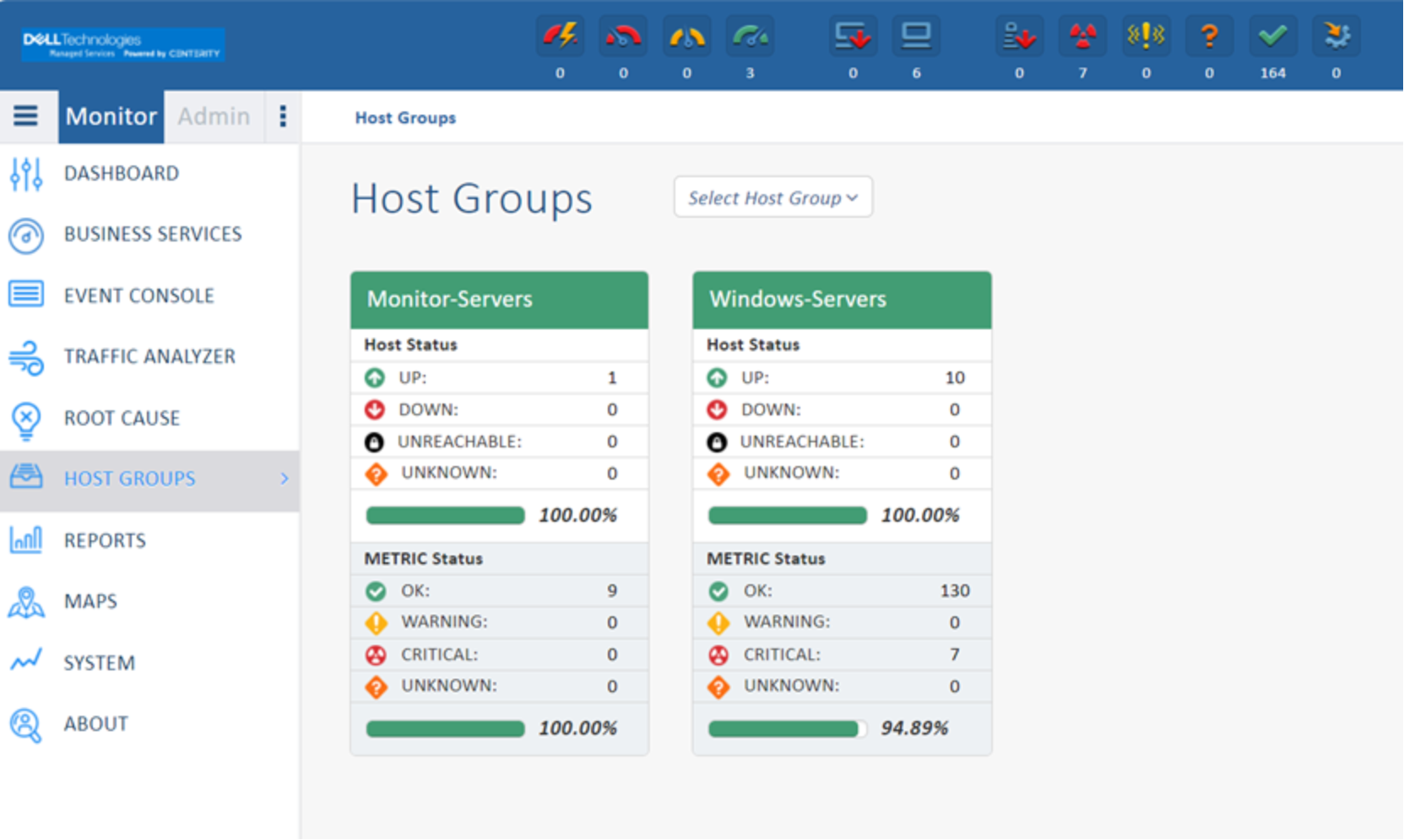 Centerity Software Dashboard showing the Host Groups Page. 