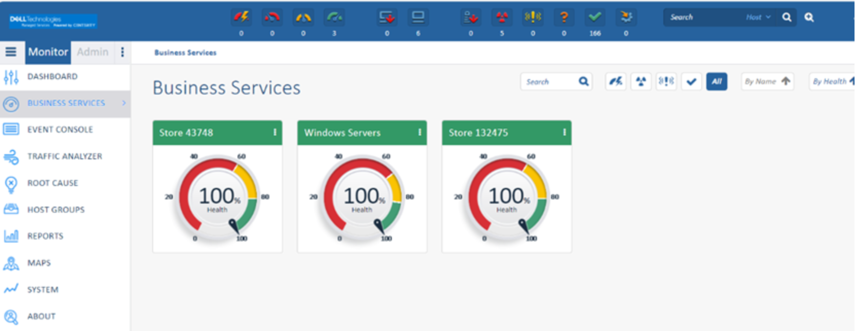Centerity Software Dashboard showing Business Services. 