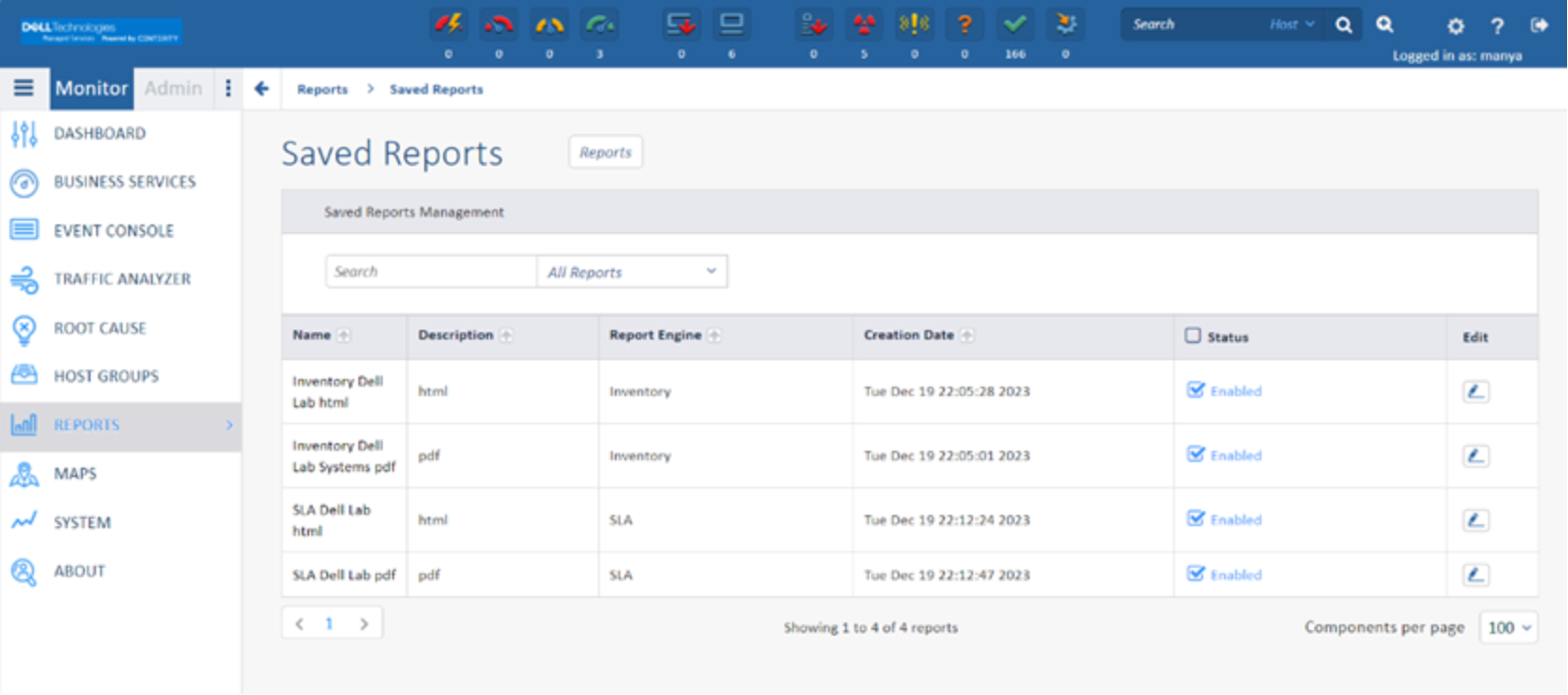 Centerity Dashboard showing how Reports can be saved and shared