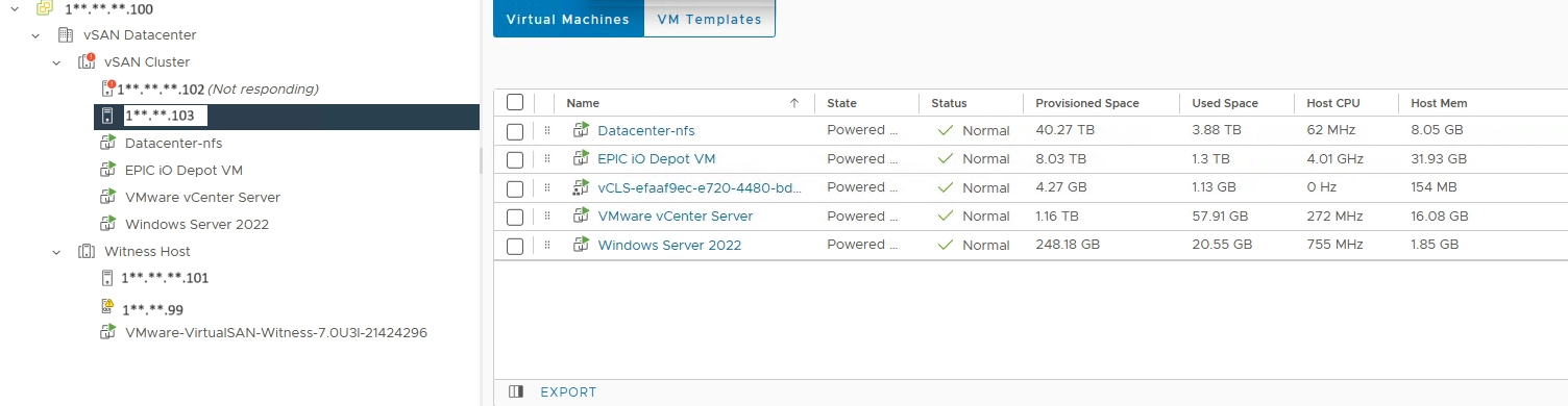 This image shows a screen capture of one server in the vSAN cluster that is not responding.