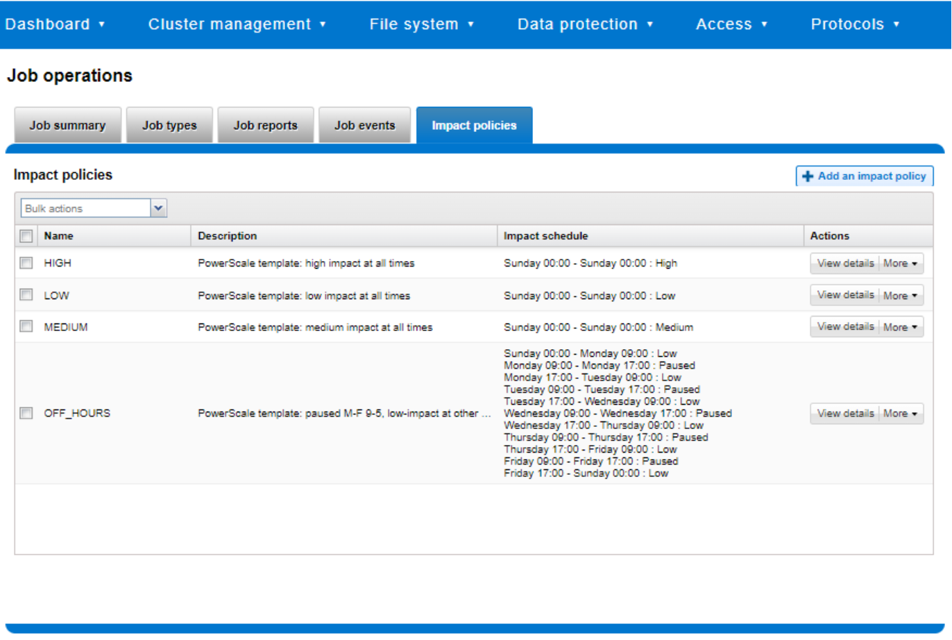 Screenshot showing Job Engine impact policy management through the OneFS WebUI.