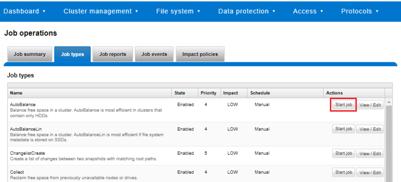 WebUI screenshot showing how to manually start an AutoBalance job.