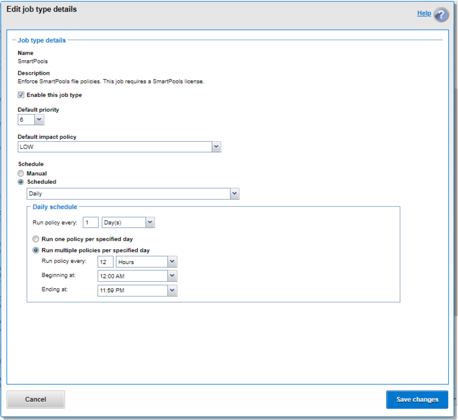 WebUI screenshot showing OneFS Job Engine job scheduling.