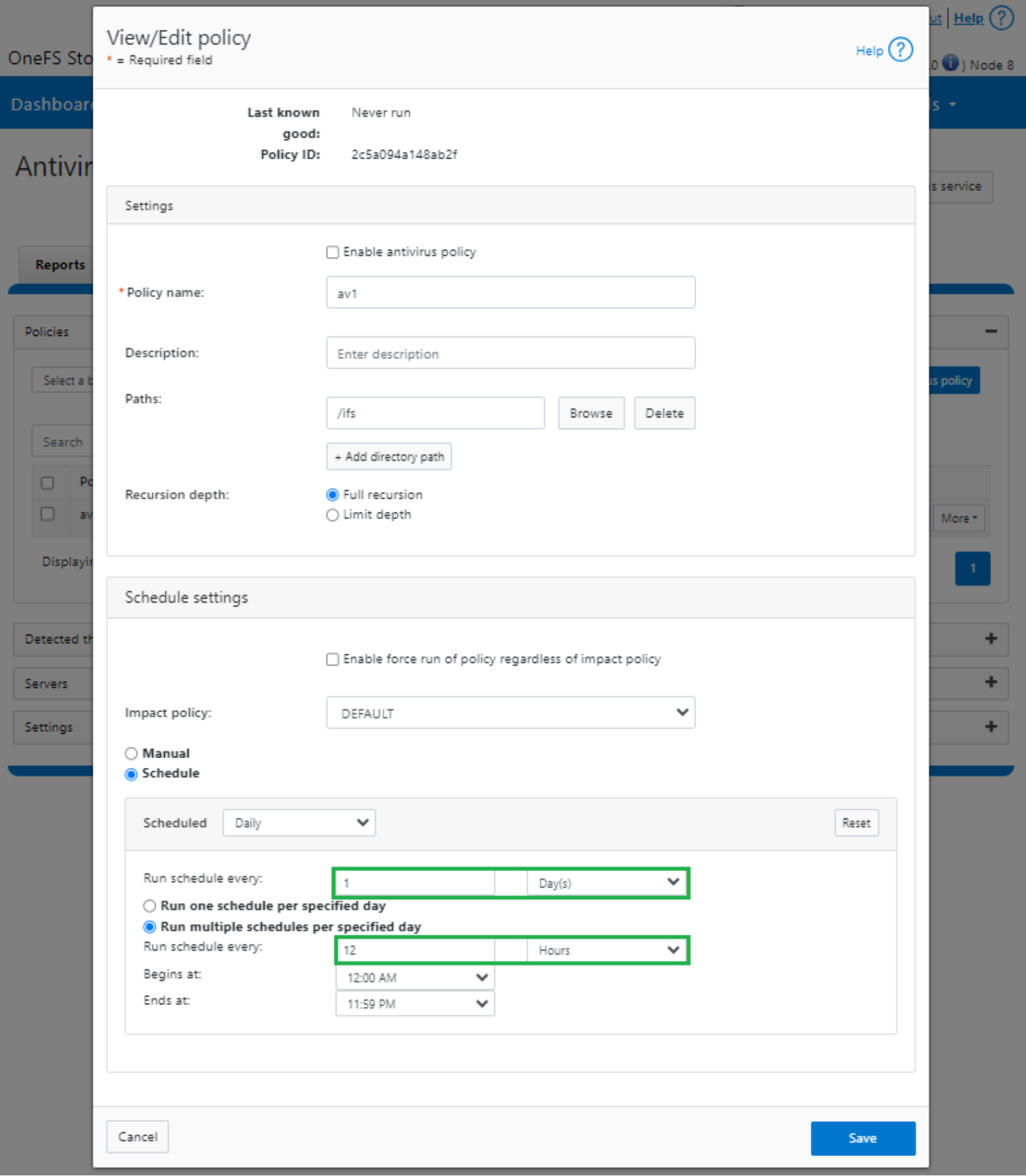 Screenshot showing the job schedule from the Antivirus WebUI view/edit policy page.