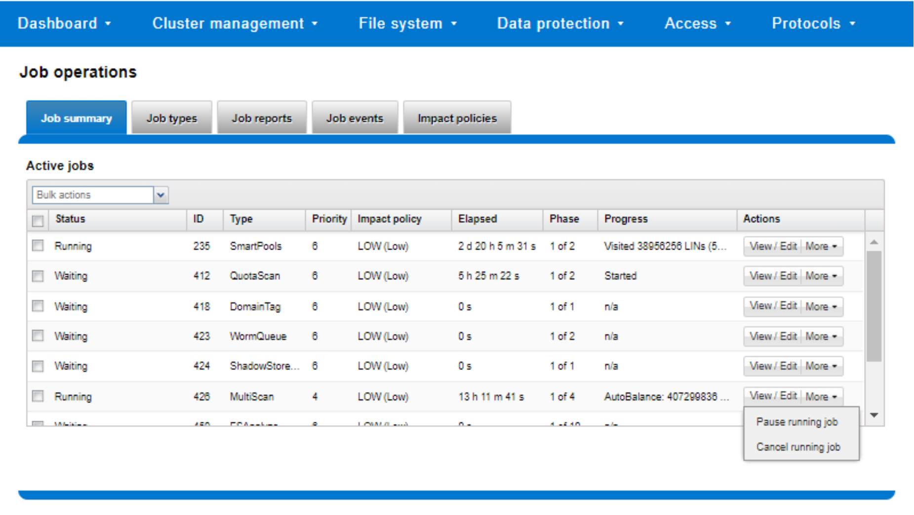 Screenshot showing pausing and canceling jobs from the WebUI.