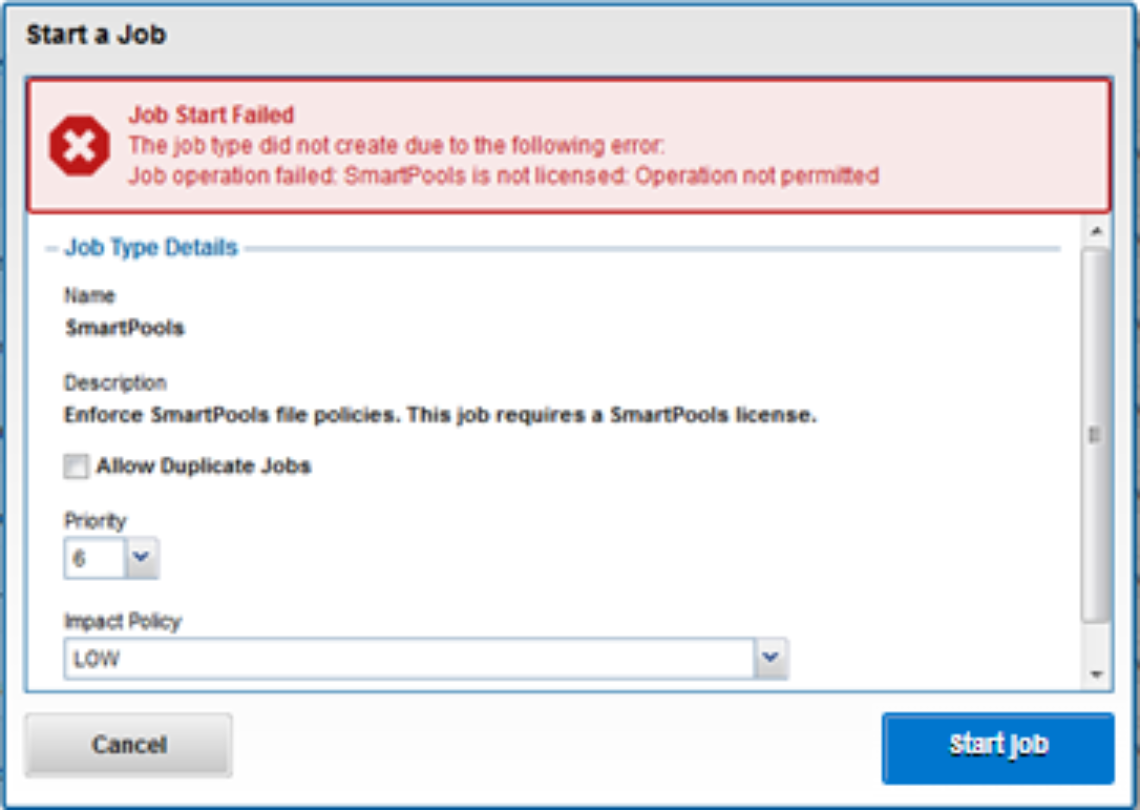 Screenshot showing the warning for an unlicensed SmartPools job.