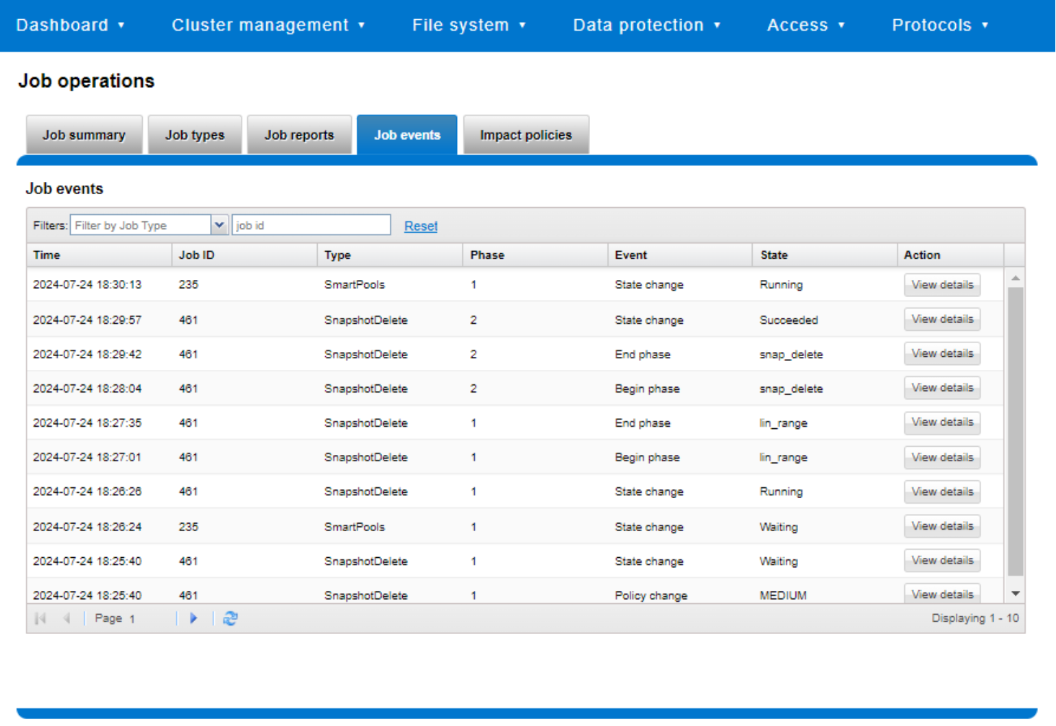 WebUI screenshot showing the job operations view of job engine events. 