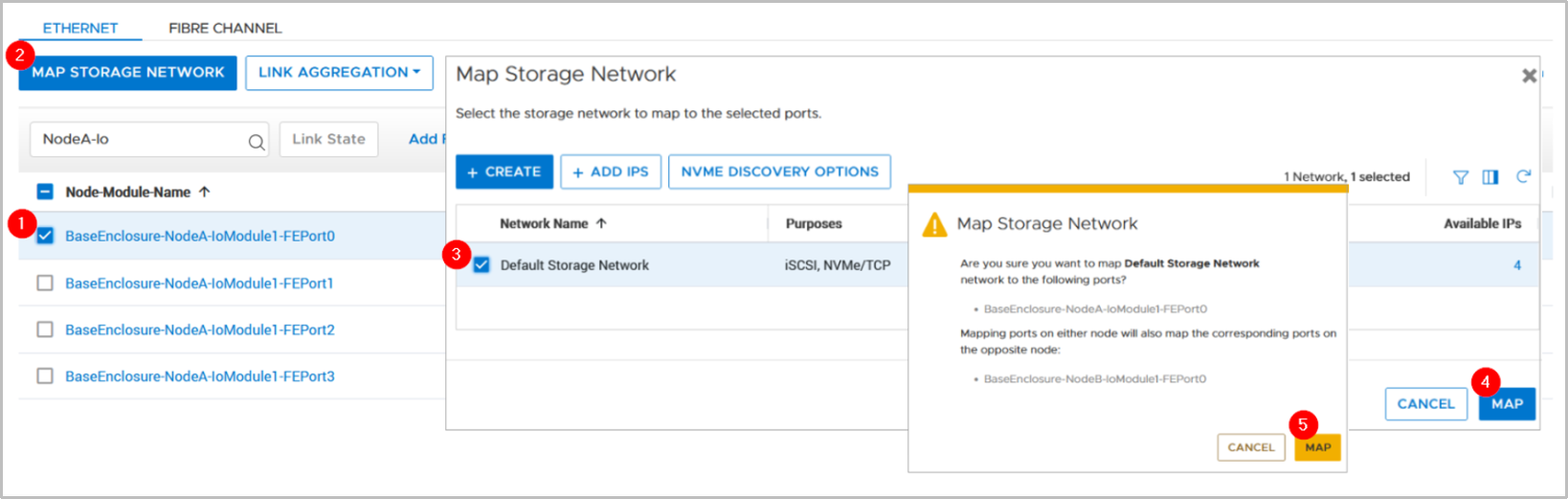 Steps to map a storage network as referenced by the previous numbered items.