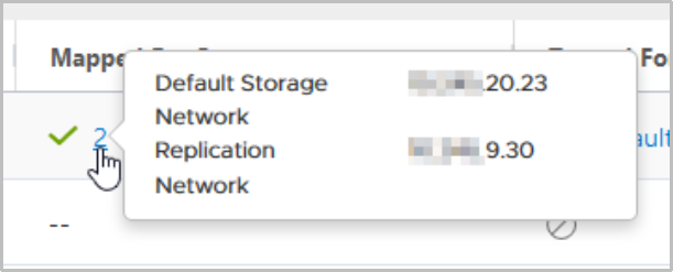 Detailed for a port when hovering over number of mapped networks. Example shows Default Storage Network and Replication Network and their IP addresses