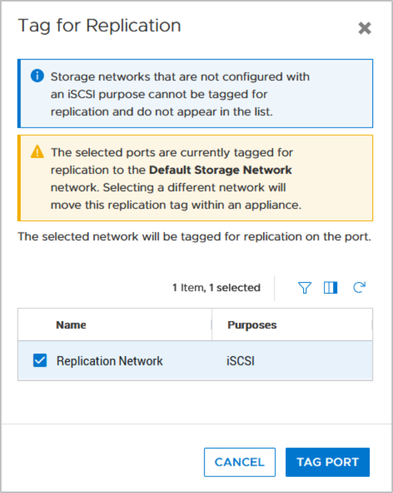 PowerStore managerDialog when tagging a port for replication.