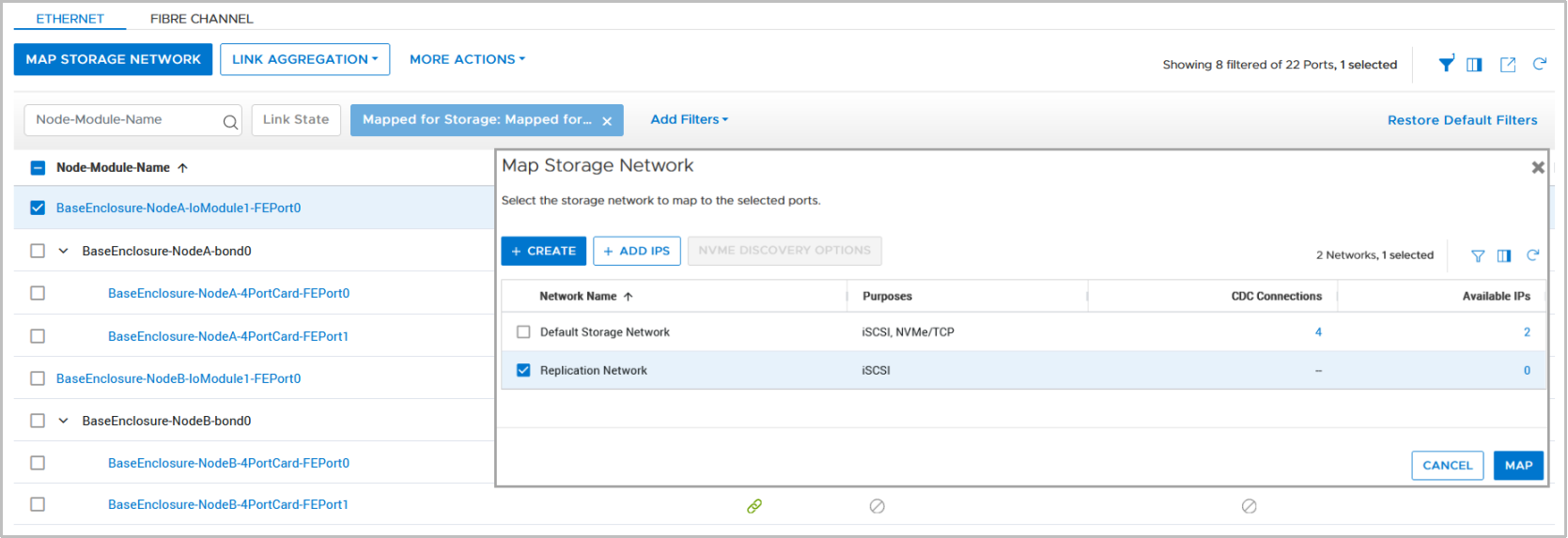 PowerStore manager > ports viewDialog to map Replication Network for bond0