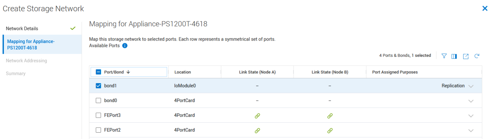 PowerStore manager > Create Storage network wizardStep 2 - Port mapping for appliance- bond1 is selected