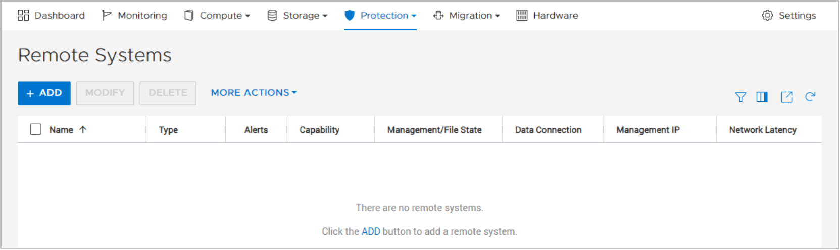 PowerStore manager > Remote Systems overviewempty table / no remote system configured