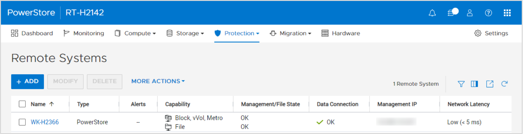 PowerStore manager > Remote Systems with one remote system configured