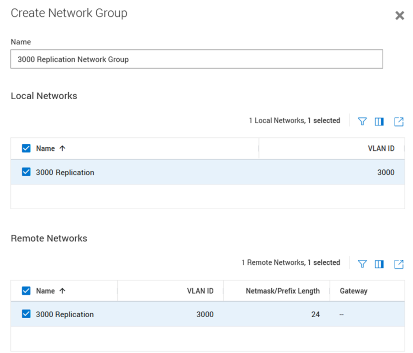 Create Network Group wizardLocal and Remote Network "3000 Replication" are selected to create a new Network Group