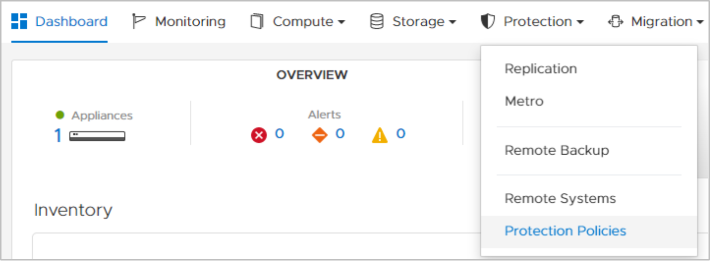 PowerStore manager Protection pull-down to get into Protection Policies overview