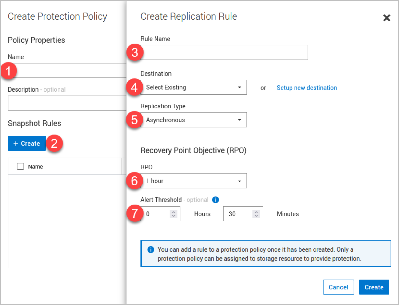 Dialog to create a new Protection Policy and the nested dialog to create a replication rule with numbered items referenced by previous list items.