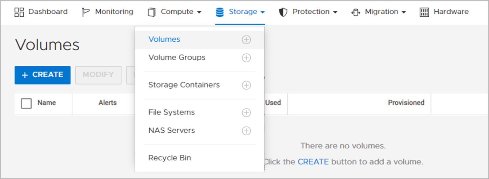 PowerStore manager Storage pull down to get into Volumes overview