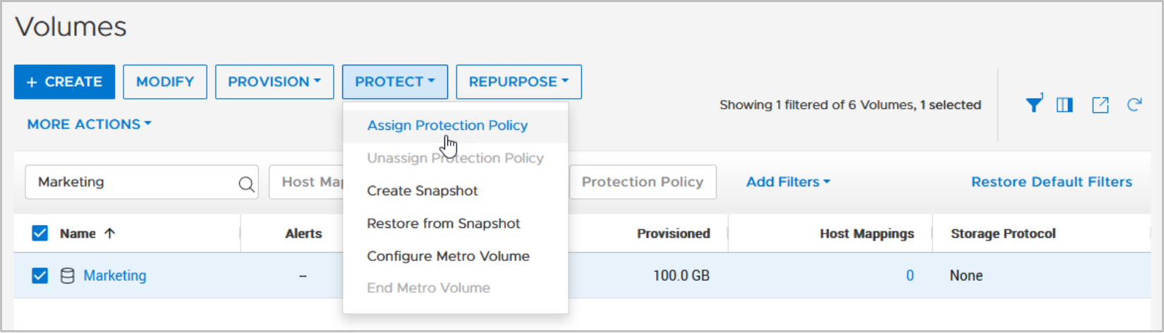 Protect pull down to get option to assign protection policy for a selected volume in volumes overview