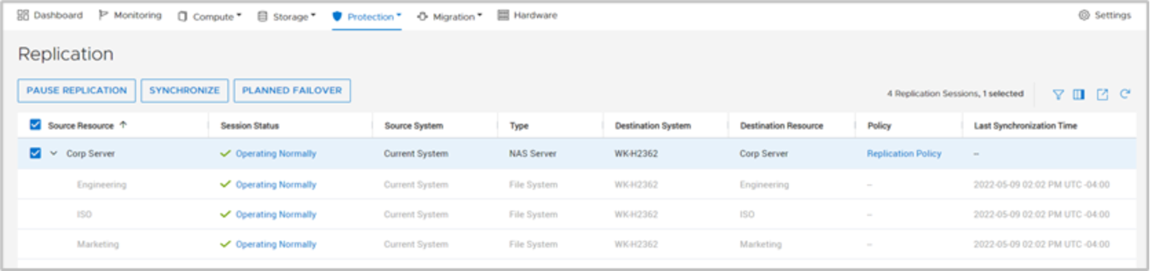 Exmaple of File replication in Replication overview.Enabled colums- Session status- Source system- Source Resource- Destination system- Destination Resource- Type (NAS Server or File System)- Protection Policy- Last Synchronization Duration