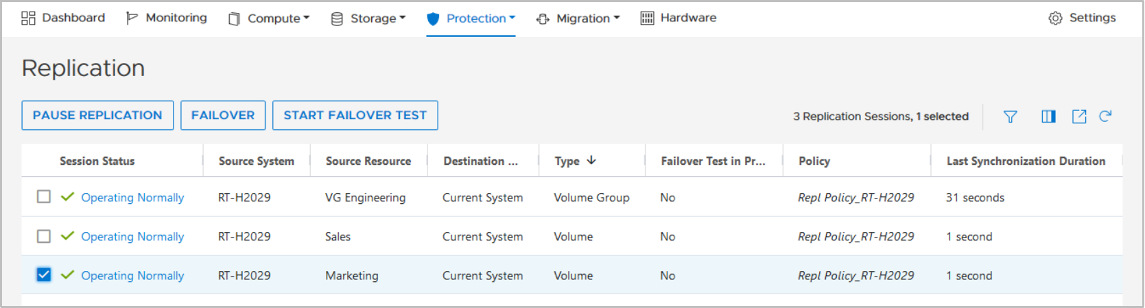 Replication Overview in destination for block to show different options to control a replicaiton session