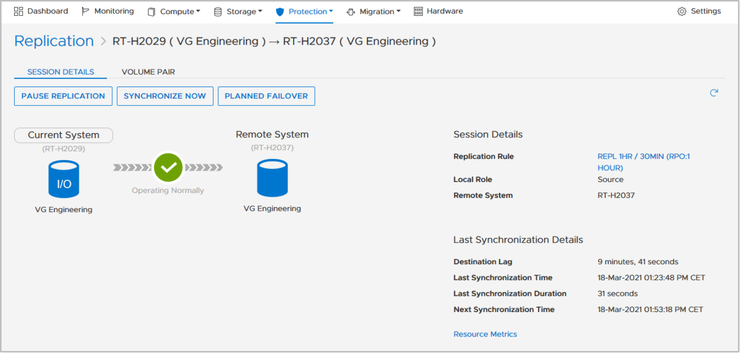 Replication Details view for block replication shows current system with and remote system with involved volumes and their replciation state - Operating Normally.The Session Details area shows- Replication Rule- Local Role- Remote System- Last Synchronization Details- Destination Lag- Last Synchronization Time- Last Synchronization Duration- Next Synchronization Time