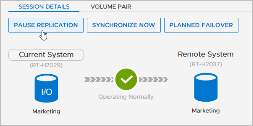 Replication session detail when in status Operating Normally with highlighted option to pause the session