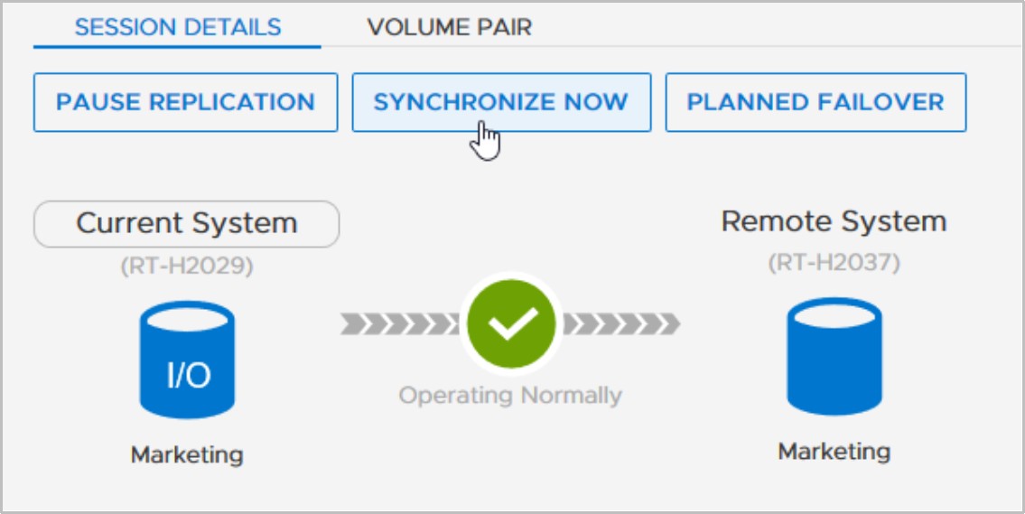 Replication session detail when in status Operating Normally with highlighted operation Synchronize Now