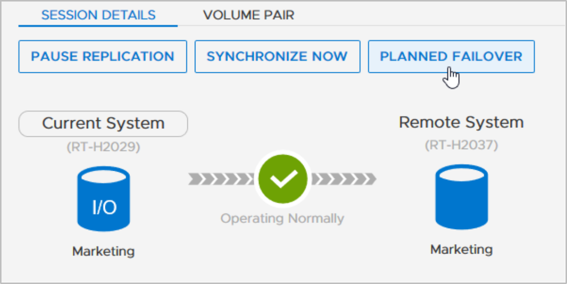 Replication session detail when in status Operating Normally with highlighted Operation Planned Failover