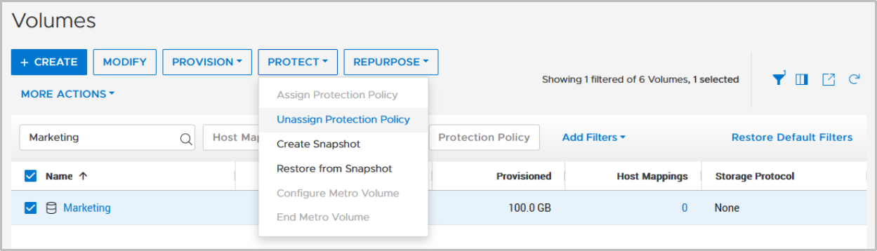 PowerStore manager > Volumes overview  shows Protect pull-down to unassign a protection policy for the selected volume