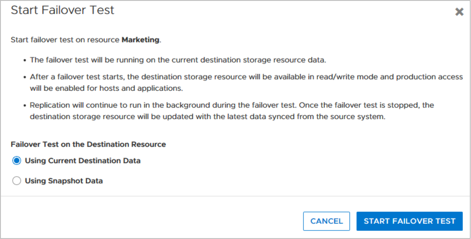 Start Failover Test dialog with options to use current destination data or using snapshot data.