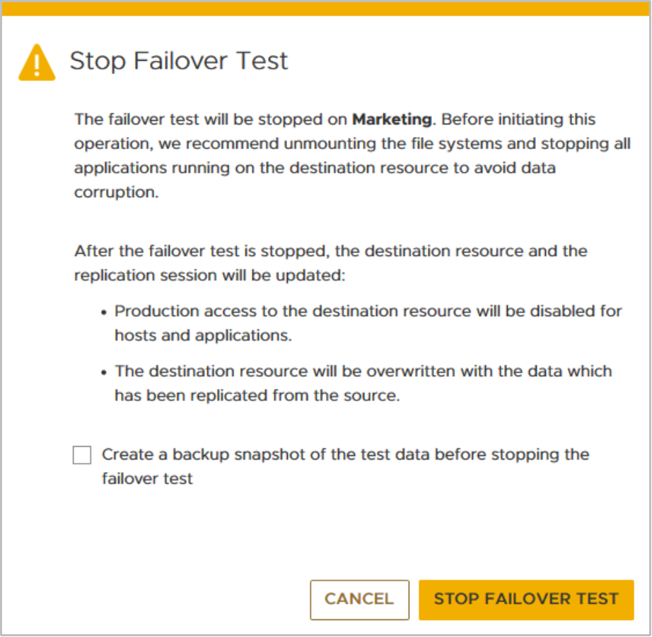 dialog when stopping a failover test with option to create a backup snapshot of test.