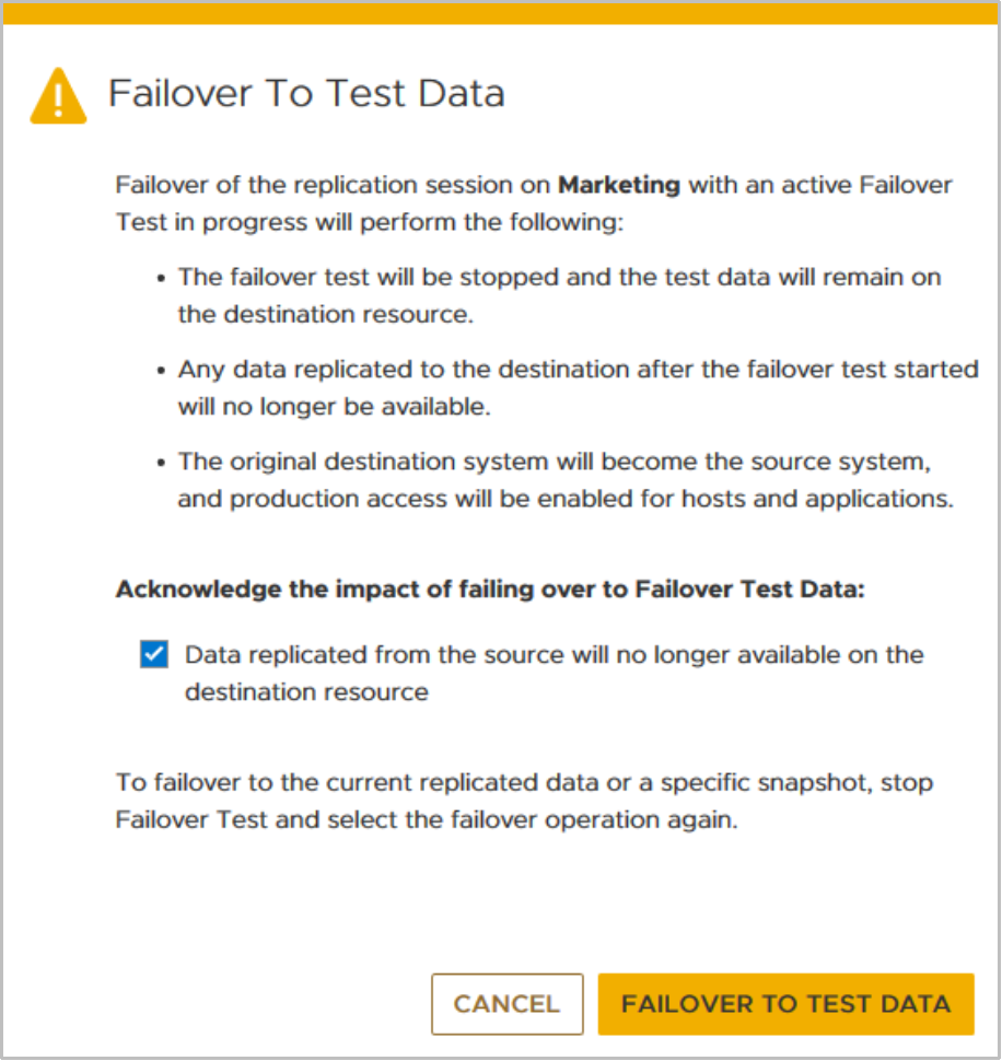 Dialog when failover to test data 