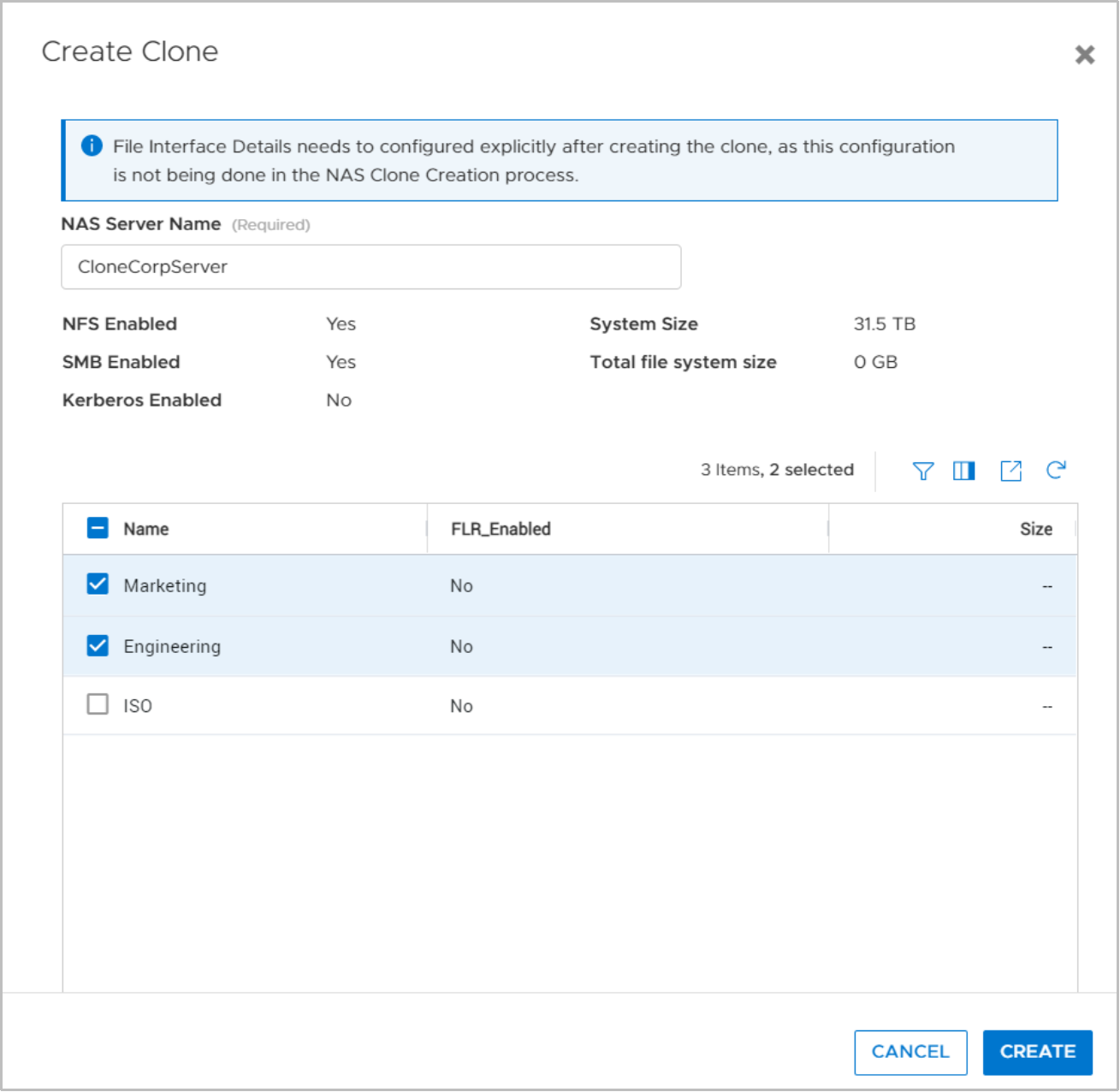 Create Clone dialog on destination for a File replication with option to select individual file systems for the clone.