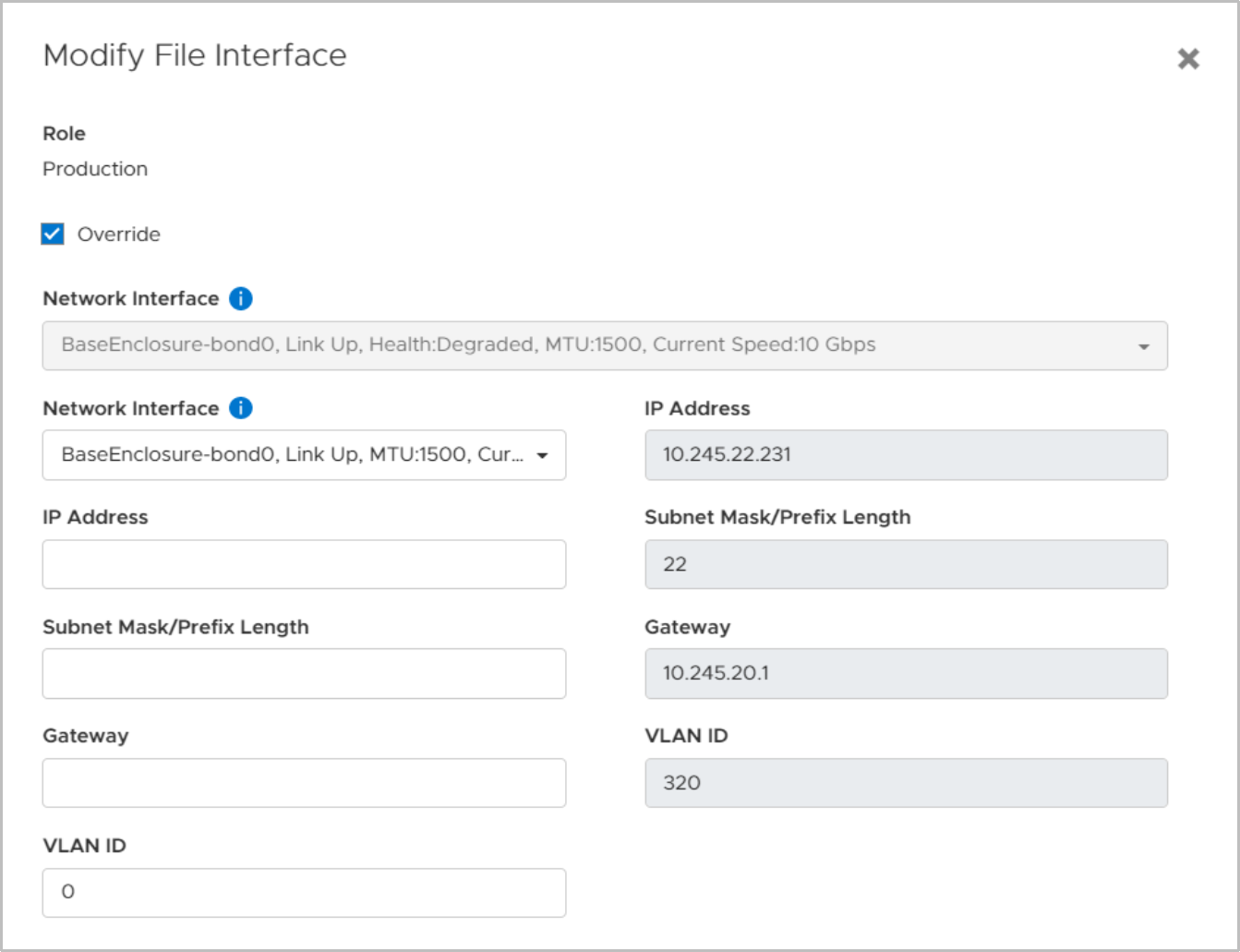 Modify file interface dialog for a cloned NAS Server on destination with enabled override option to- set Network interface- configure IP details and VLAN