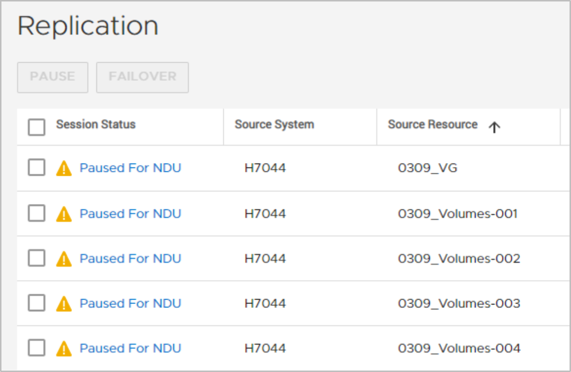 Replication details when sessions are paused for NDU