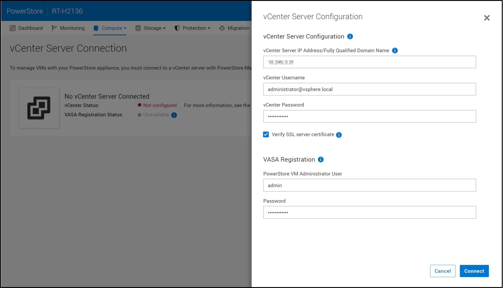 A screenshot of PowerStore Manager  showing the vCenter server registration form.